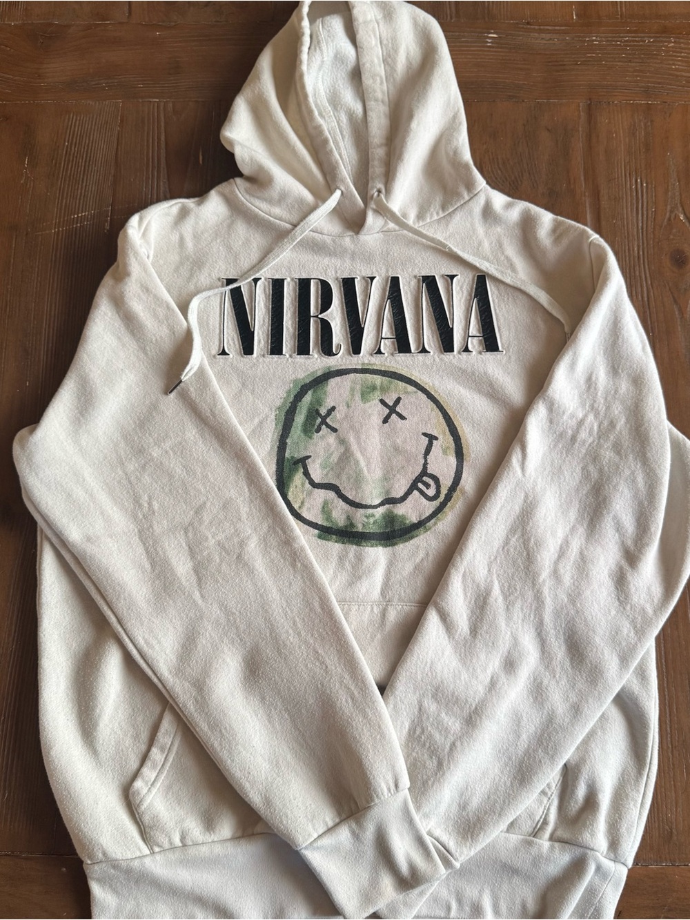 Nirvana Beige Hoodie with Multicolor Smiley Face Graphic Pullover Size M